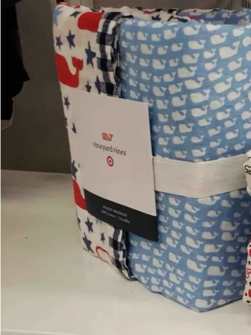 Vineyard Vines Red & Navy Whale and Star Muslin Swaddle blankets NWT